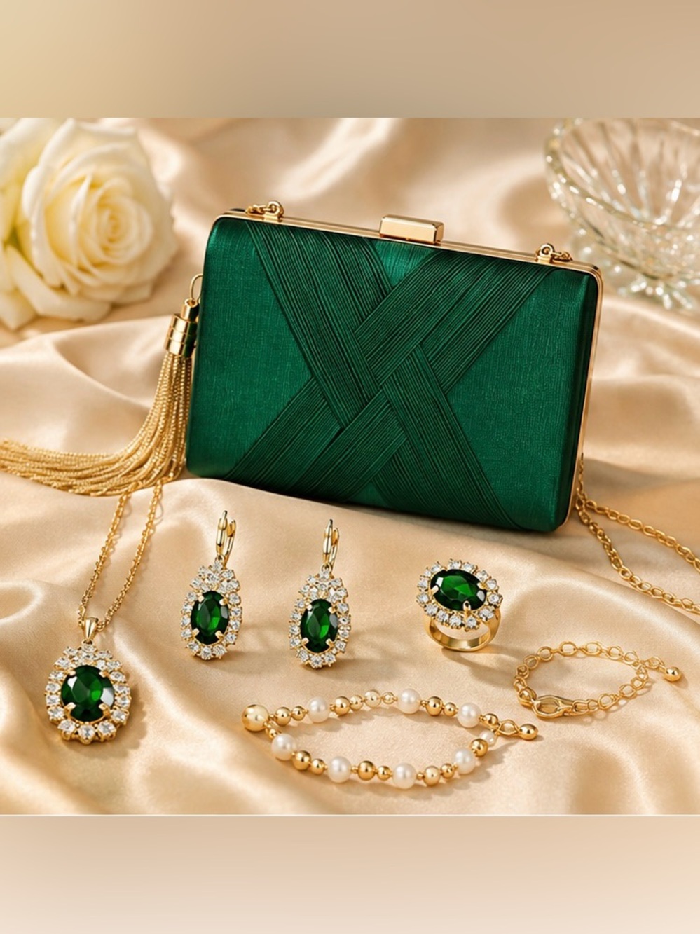 Emerald Green Evening Clutch & Gold Tone Jewelry Set